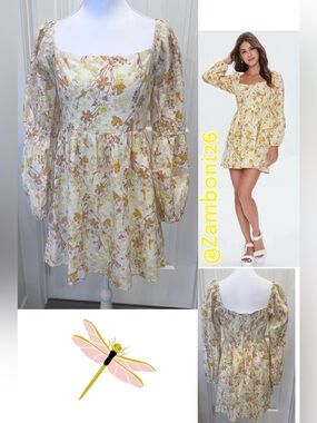 Floral peasant mini smoked dress 70s-inspired eyelet detail fit & flare Medium